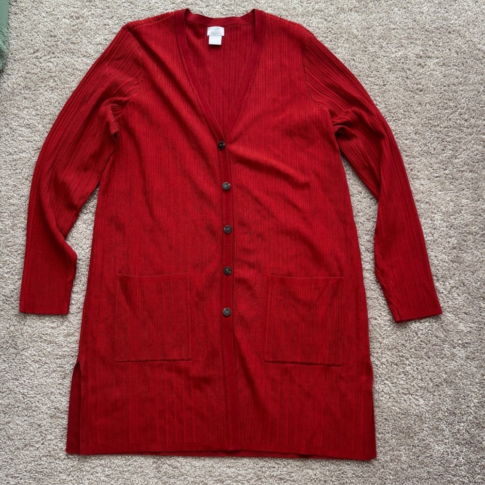 NWTChicos Spiced Red Flat Back Ribbed Longline Cardigan V-Neck Sweater Size 2 L